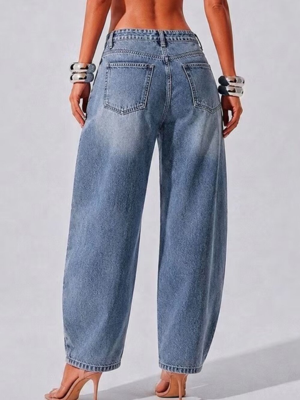 Women's High Waist Wide Leg Baggy Jeans - Edgy Denim Pants with Beltless Button - Picture 4 of 9